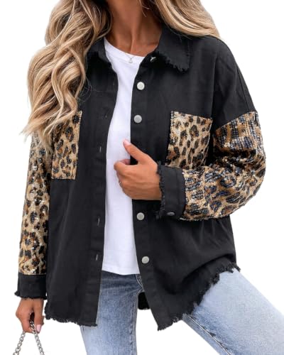 CHICME Womens Denim Shacket Oversized Sequin Fall Jacket-Black